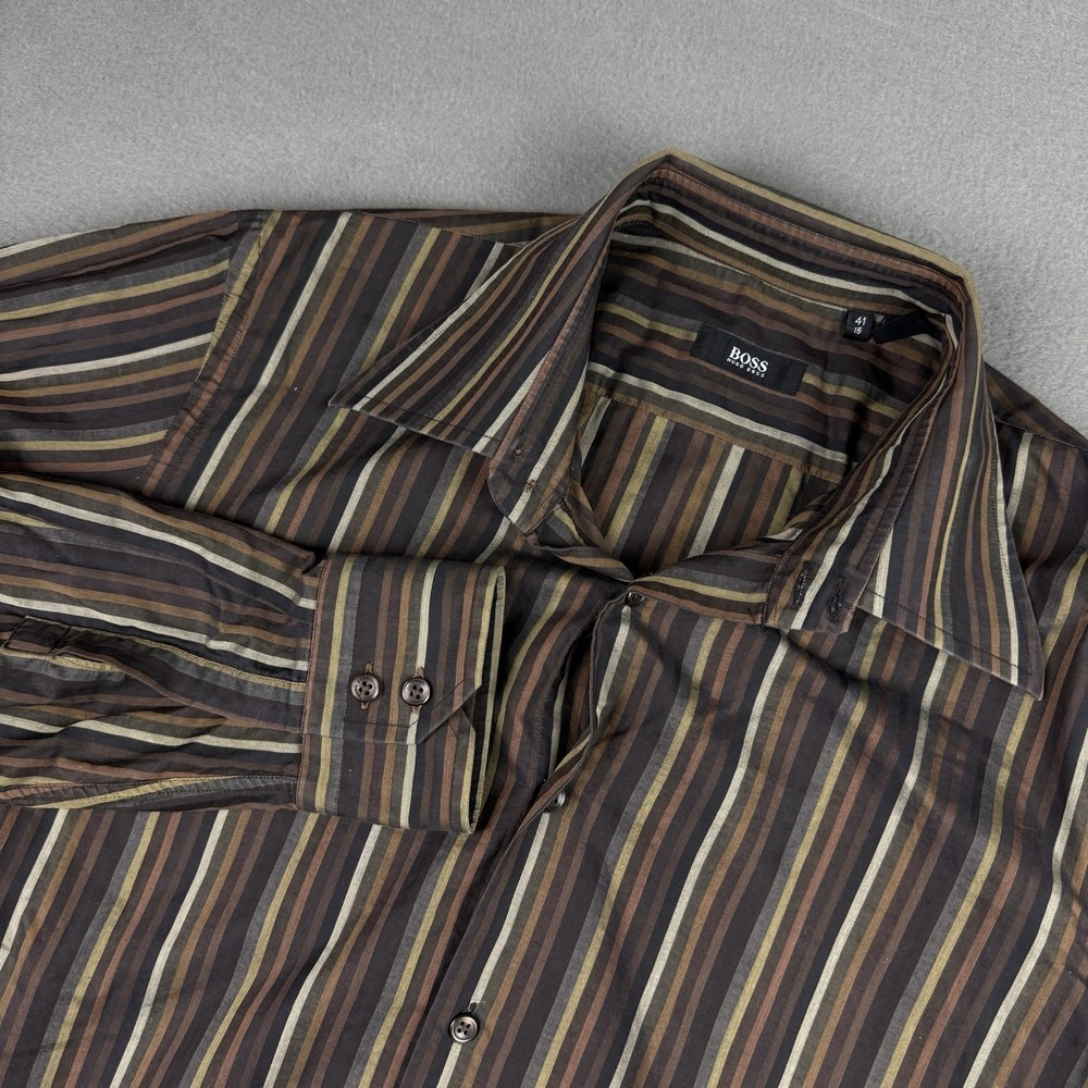 Boss Hugo Boss Dress Shirt Mens Size‎ L 41 16 Brown Striped Button Up